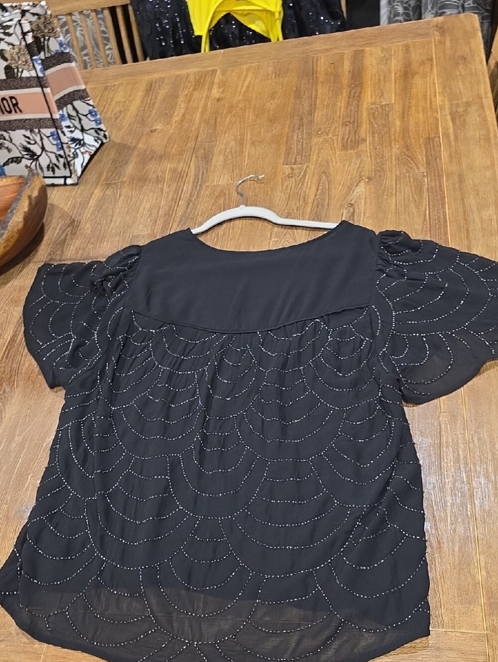 GUESS Black Short Sleeve Beaded Scoop Neck Blouse